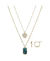 Unwritten Pave Crystal Heart and Genuine Abalone Stone Necklace and Earring Set, 4 Piece