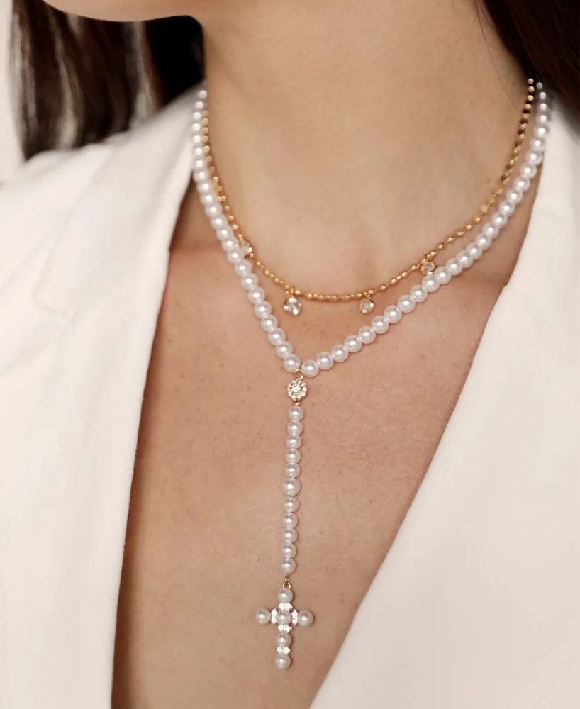 Ettika Imitation Pearl Cross Drop Lariat 18K Gold Plated Necklace Set, 2 Pieces