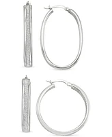 2-Pc. Set Glitter Oval & Round Hoop Earrings in Sterling Silver