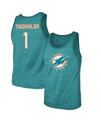 Men's Fanatics Tua Tagovailoa Aqua Miami Dolphins Name and Number Tri-Blend Tank Top