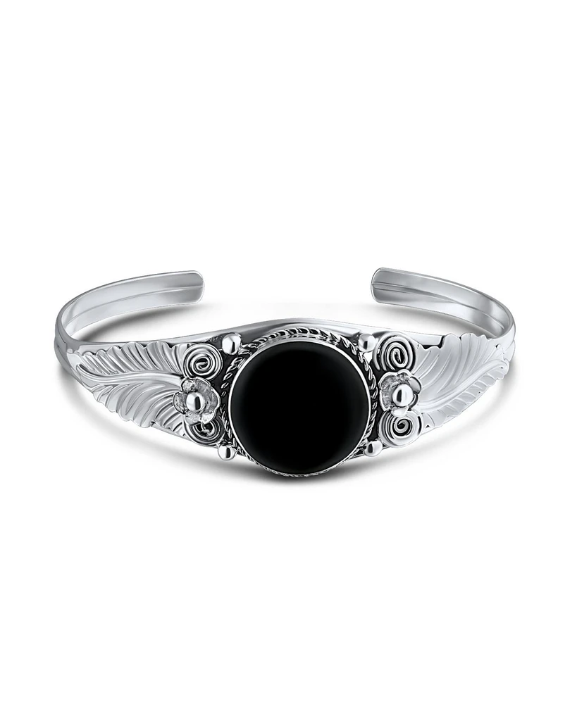 Bling Jewelry Nature Leaf Flowers Round Cabochon Statement Black Natural Onyx or Blue Turquoise Wide Cuff Bracelet Sterling Silver