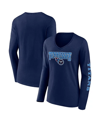 Women's Fanatics Navy Tennessee Titans Wordmark Long Sleeve V-Neck T-shirt