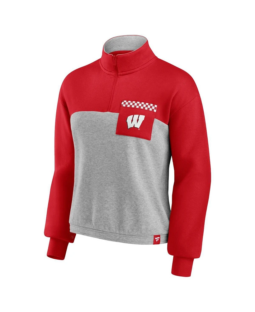 Women's Fanatics Red, Heathered Gray Wisconsin Badgers Sideline to Colorblock Quarter-Zip Jacket