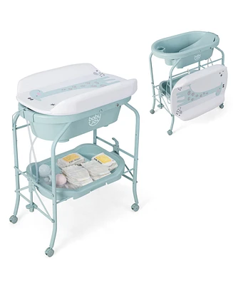 Costway Baby Changing Table with Bathtub, Folding & Portable Diaper Station with Wheels