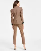 Cece Womens Houndstooth Plaid Puff Sleeve Blazer Button Down Blouse Houndstooth Plaid Split Hem Pants