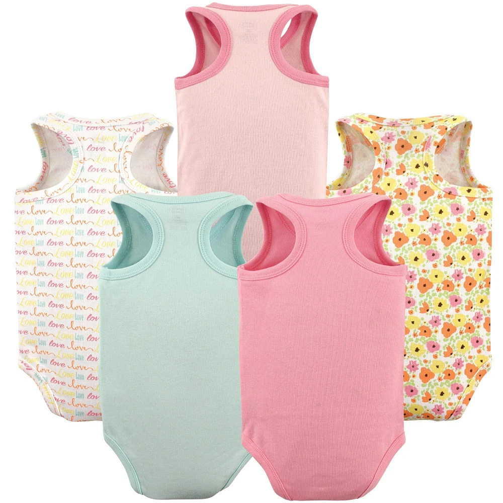 Luvable Friends Baby Girls Cotton Sleeveless Bodysuits 5pk, Love, Months