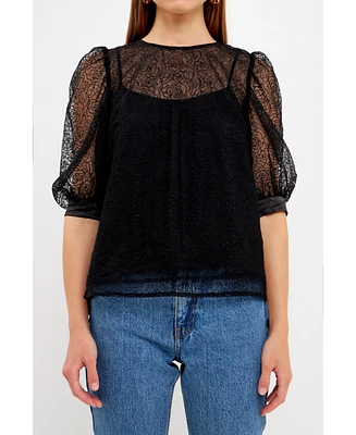 endless rose Women's Embroidered Puff Sleeve Satin Bow Top