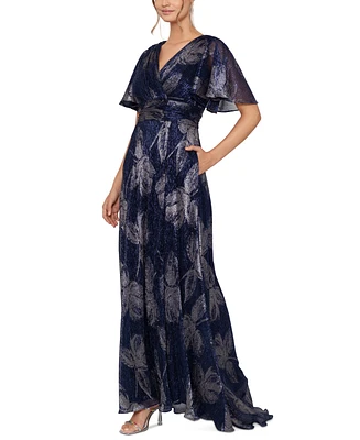 Betsy & Adam Petite Foil-Print Flutter-Sleeve Maxi Dress