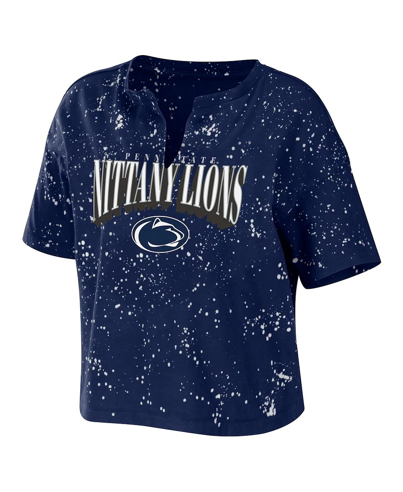 Women's Wear by Erin Andrews Navy Penn State Nittany Lions Bleach Wash Splatter Cropped Notch Neck T-shirt