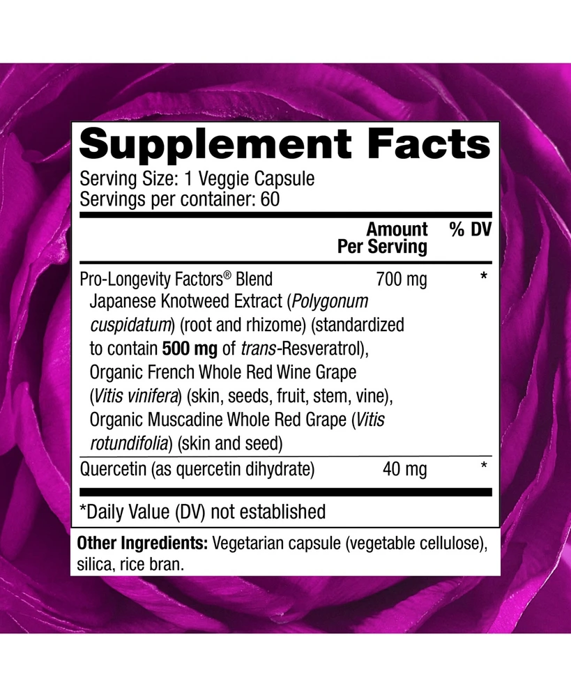 Reserveage, Resveratrol 500 mg, Antioxidant Supplement for Heart and Cellular Health, Supports Healthy Aging, Paleo, Keto, 60 Capsules