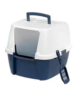 Iris Jumbo Hooded Cat Litter Box with Scoop, Navy