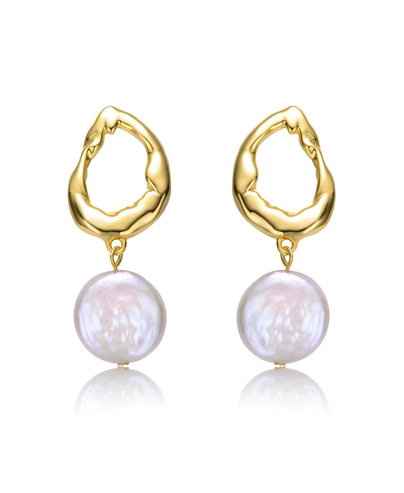 Genevive Sterling Silver 14k Yellow Gold Plated with White Coin Freshwater Pearl Twisted Halo Circle Dangle Drop Earrings
