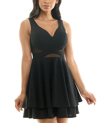 Emerald Sundae Juniors' Illusion-Waist Glitter A-Line Dress