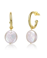 Sterling Silver 14k Yellow Gold Plated with White Coin Freshwater Pearl Drop C-Hoop Earrings