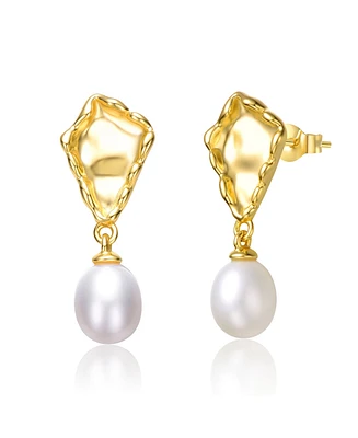 Genevive Sterling Silver 14k Yellow Gold Plated with White Freshwater Pearl Nugget Dangle Earrings