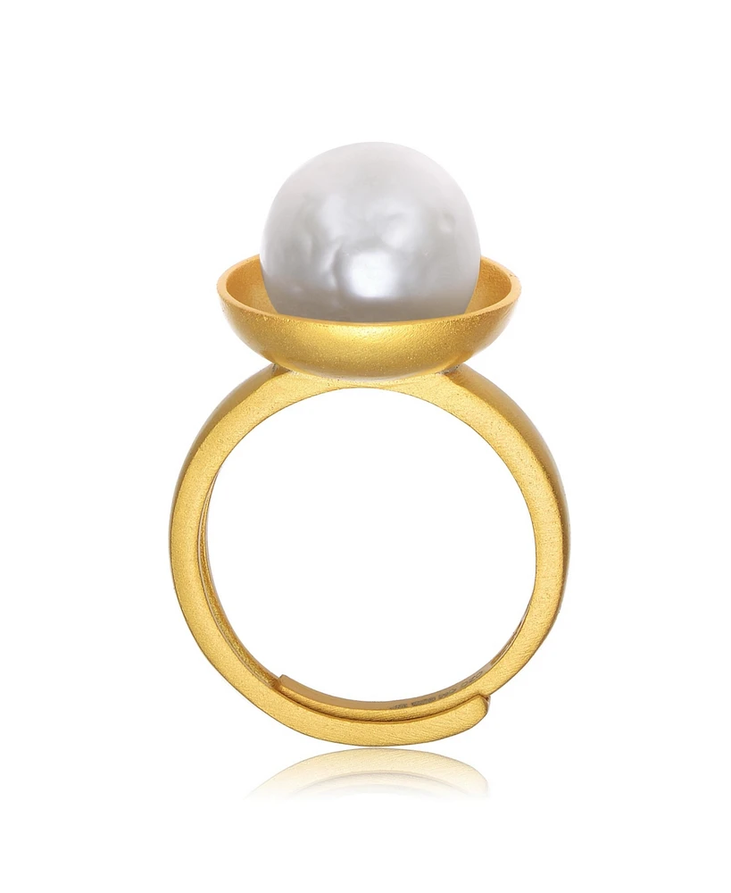 Sterling Silver 14K Gold Plated with Genuine Freshwater Pearl Adjustable Ring