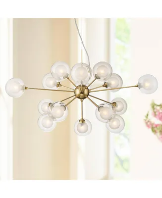 Spheres Antique Brass Sputnik Pendant Chandelier 30" Wide Mid-Century Modern Clear Outer Frosted Inner Glass 15-Light Fixture Dining Room House Foyer