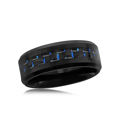 Stainless Steel Black and Blue Carbon Fiber Ring