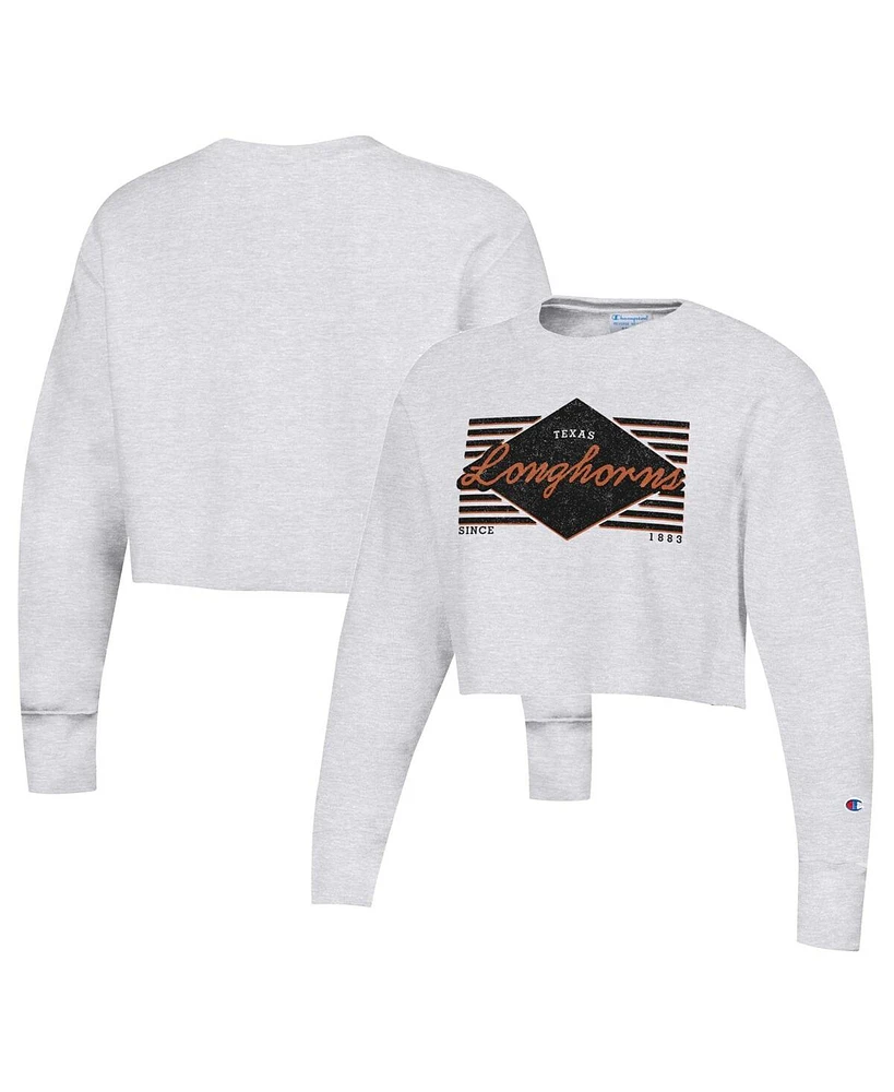 Women's Champion Heather Gray Distressed Texas Longhorns Reverse Weave Cropped Pullover Sweatshirt