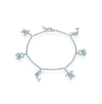 Sterling Silver Larimar Turtle, Crab and Dolphin Charms Bracelet