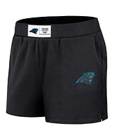Women's Wear by Erin Andrews Black Distressed Carolina Panthers Waffle Knit Long Sleeve T-shirt and Shorts Lounge Set