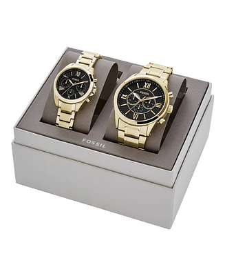 Fossil His and Her Chronograph Gold-Tone Stainless Steel Watch Gift Set, 36mm 48mm