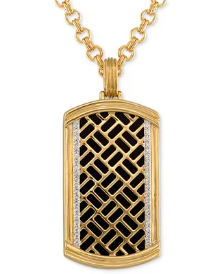 Esquire Men's Jewelry Onyx & Diamond (1/4 ct. t.w.) Brick Pattern Dog Tag 22" Pendant Necklace in 14k Gold-Plated Sterling Silver, Created for Macy's