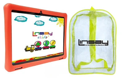 New Linsay 10.1" Kids Funny Tablet Octa Core 128GB Bundle with Red Kids Back Pack New Android 14 Dual Camera