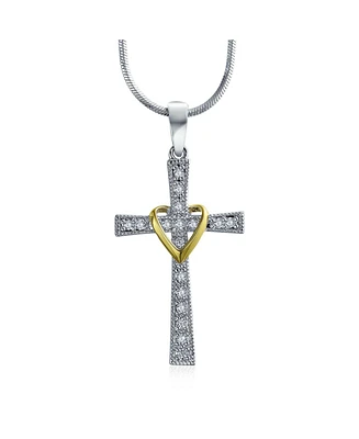 Bling Jewelry Cz Pave Accent Religious Love Of God Modern Fashion Heart Infinity Cross Pendant Necklace Two Tone Rhodium Plated Brass