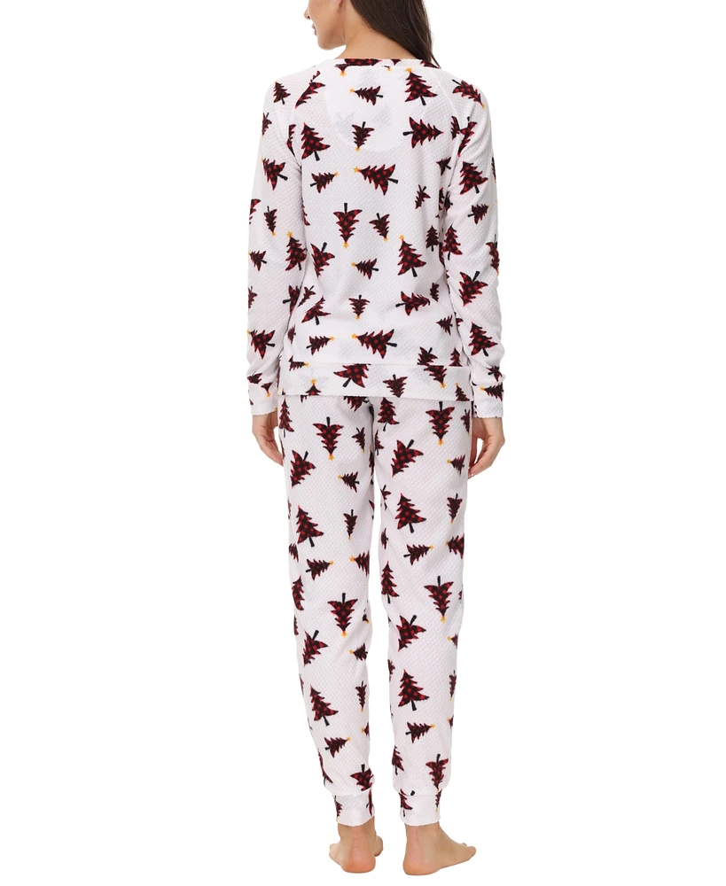 Ink+Ivy Women's Printed Microfleece V-neck Long Sleeve Top with Jogger 2 Pc Pajama Set