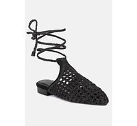 Tutsi Womens Handwoven Honeycomb Tie Up Flat Mules