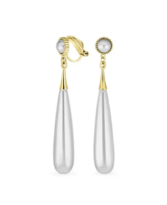 Bling Jewelry Modern Geometric Linear Thin Long Off White Column Simulated Pearl Dangling Chandelier Clip-on Earrings Yellow Gold Plated