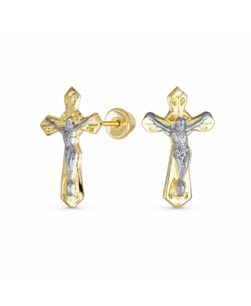 Bling Jewelry Tiny Minimalist Christian Religious Jesus Gold Crucifix Cross Two Tone Yellow 14K Gold Stud Earring Safety Screw Back