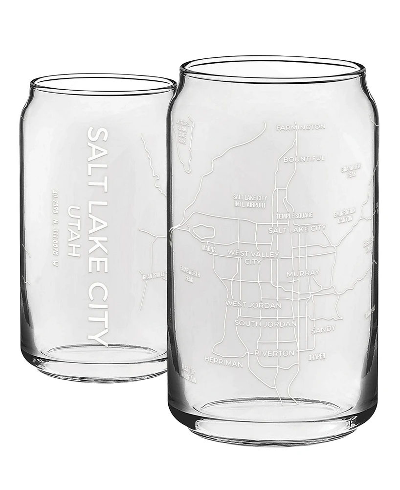 Narbo The Can Salt Lake City Map 16 oz Everyday Glassware, Set of 2