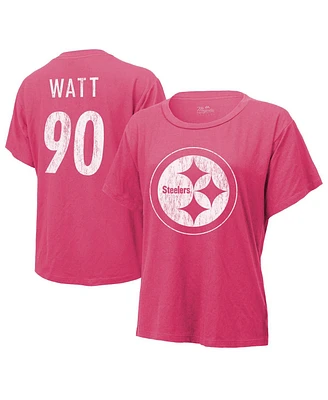 Women's Majestic Threads T.j. Watt Pink Distressed Pittsburgh Steelers Name and Number T-shirt