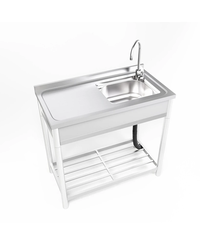 Free Standing Stainless Steel Kitchen Sink with Faucet, Strainer and Shelf, Single Bowl Commercial Restaurant Kitchen Sink Set, for Prep & Utility Ind