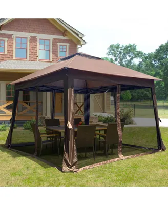 Pop Up Gazebo Canopy With Netting, 2-Tier Soft Top Tent, 11x11FT, Brown