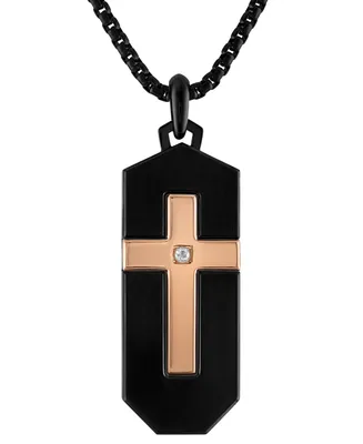 Bulova Black & Rose Gold-Tone Ip Stainless Steel Diamond-Accent Cross 26" Pendant Necklace