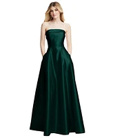 Strapless Bias Cuff Bodice Satin Gown with Pockets