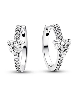 Pandora Sterling Silver with Clear Cubic Zirconia Heart Hoop Earrings