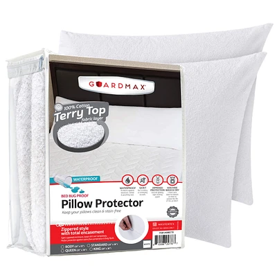 Guardmax King Size Terry Cotton Waterproof Pillow Protector with Zipper - White (4 Pack)