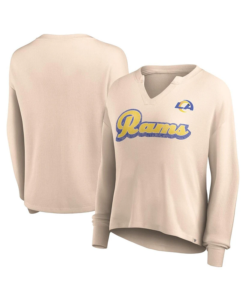 Women's Fanatics Tan Distressed Los Angeles Rams Go For It Notch Neck Waffle Knit Long Sleeve T-shirt
