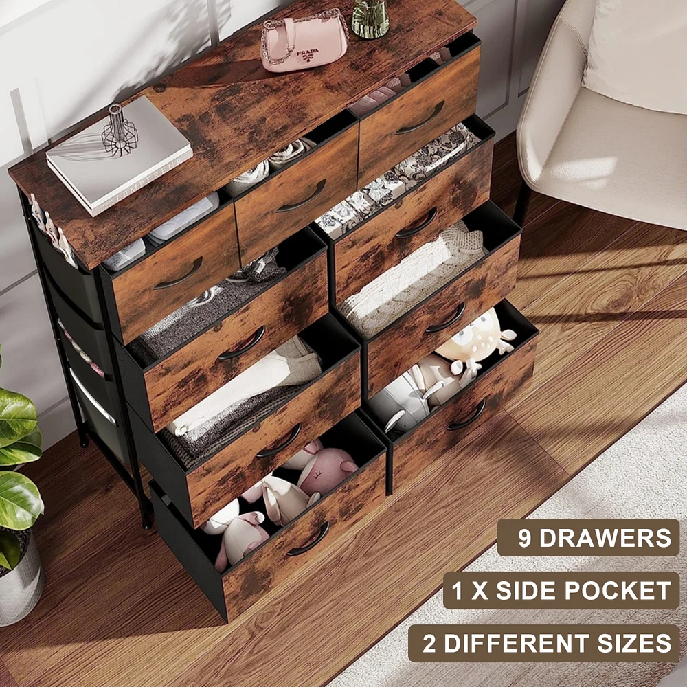 Inolait 9 Drawers Fabric Dresser Chest Closet Storage Organizer with Side Pockets and Hooks for Bedroom