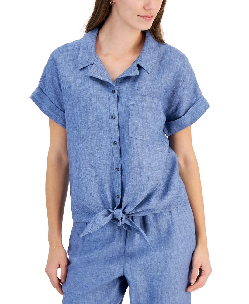 Charter Club Women's 100% Linen Tie-Front Shirt, Created for Macy's
