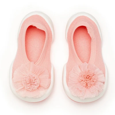 Infant Girl Breathable Washable Non-Slip Sock Shoes Flat - Pompom Flower Pink