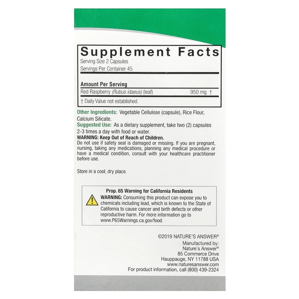Nature's Answer Red Raspberry 950 mg - 90 Vegetarian Capsules (475 mg Per Capsule)