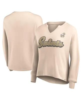 Women's Fanatics Tan Distressed New Orleans Saints Go For It Notch Neck Waffle Knit Long Sleeve T-shirt