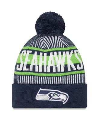 Men's New Era College Navy Seattle Seahawks Striped Cuffed Knit Hat with Pom