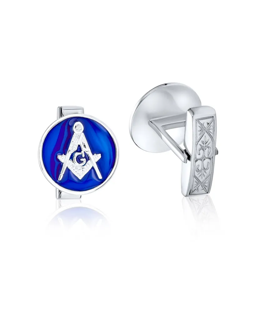 Bling Jewelry Round Circle Disc Freemasons Compass Symbol Masonic Cufflinks Royal Blue Enamel Two Tone Sterling Silver Hinge Bullet Back