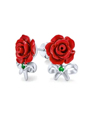 Bling Jewelry Delicate Floral Blooming Flower Emerald Green Cz Bow Ribbon 3D carved Red Rose Stud Earrings Sterling Silver